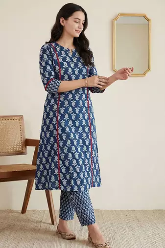 Women Paisley Printed Panelled Mirror Work Pure Cotton Kurta with Trousers