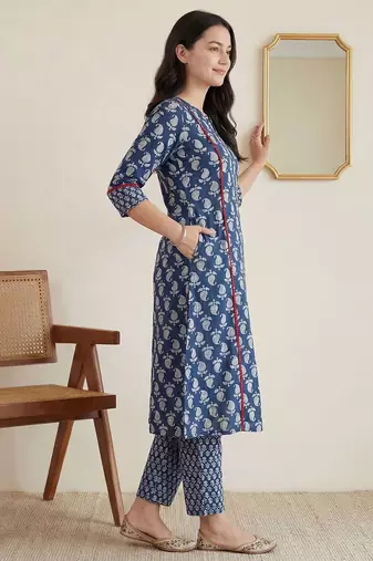 Women Paisley Printed Panelled Mirror Work Pure Cotton Kurta with Trousers