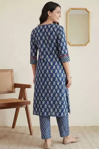 Women Paisley Printed Panelled Mirror Work Pure Cotton Kurta with Trousers