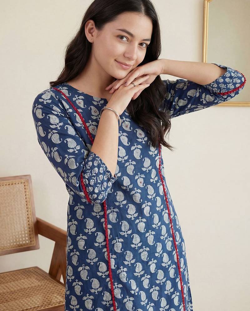 Women Paisley Printed Panelled Mirror Work Pure Cotton Kurta with Trousers