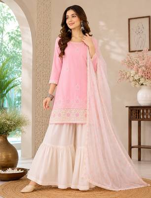 Peach embroidered cotton satin sharara salwar suit set with printed dupatta 3