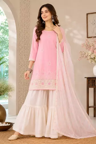 Peach embroidered cotton satin sharara salwar suit set with printed dupatta