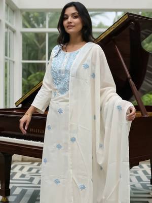 Ethnic Motifs Embroidered Thread Work Pure Cotton Kurta With Trousers & Dupatta 1