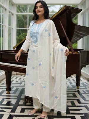 Ethnic Motifs Embroidered Thread Work Pure Cotton Kurta With Trousers & Dupatta 2
