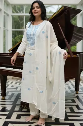 Ethnic Motifs Embroidered Thread Work Pure Cotton Kurta With Trousers & Dupatta