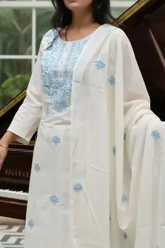 Ethnic Motifs Embroidered Thread Work Pure Cotton Kurta With Trousers & Dupatta