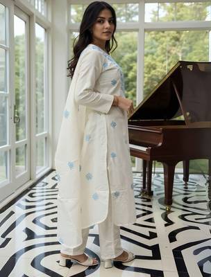 Ethnic Motifs Embroidered Thread Work Pure Cotton Kurta With Trousers & Dupatta 4