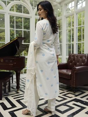 Ethnic Motifs Embroidered Thread Work Pure Cotton Kurta With Trousers & Dupatta 5