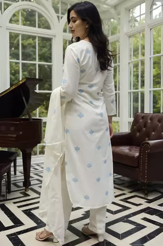 Ethnic Motifs Embroidered Thread Work Pure Cotton Kurta With Trousers & Dupatta