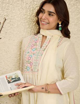 Floral Embroidered Mirror Work Pure Cotton Kurta With Trousers & Dupatta 2