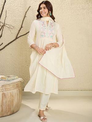 Floral Embroidered Mirror Work Pure Cotton Kurta With Trousers & Dupatta 1