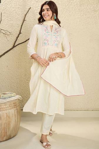 Floral Embroidered Mirror Work Pure Cotton Kurta With Trousers & Dupatta