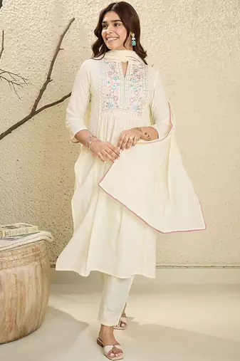 Floral Embroidered Mirror Work Pure Cotton Kurta With Trousers & Dupatta
