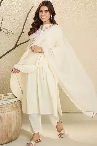 Floral Embroidered Mirror Work Pure Cotton Kurta With Trousers & Dupatta