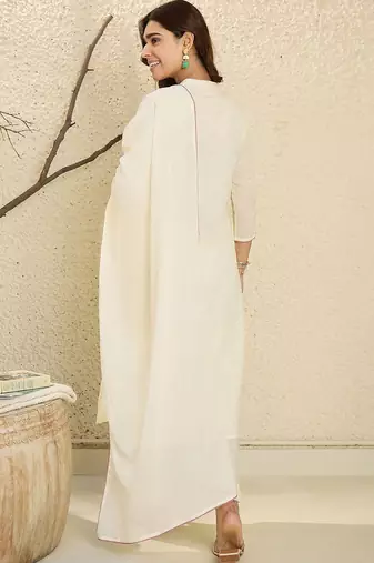 Floral Embroidered Mirror Work Pure Cotton Kurta With Trousers & Dupatta