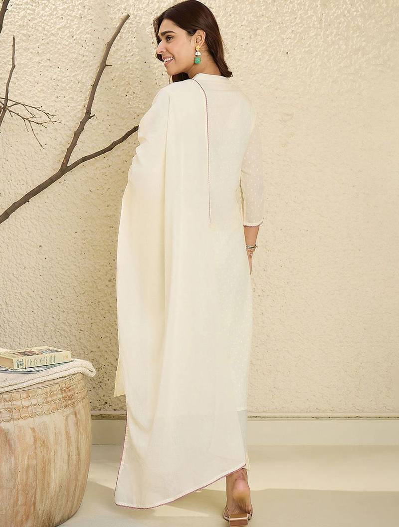 Floral Embroidered Mirror Work Pure Cotton Kurta With Trousers & Dupatta