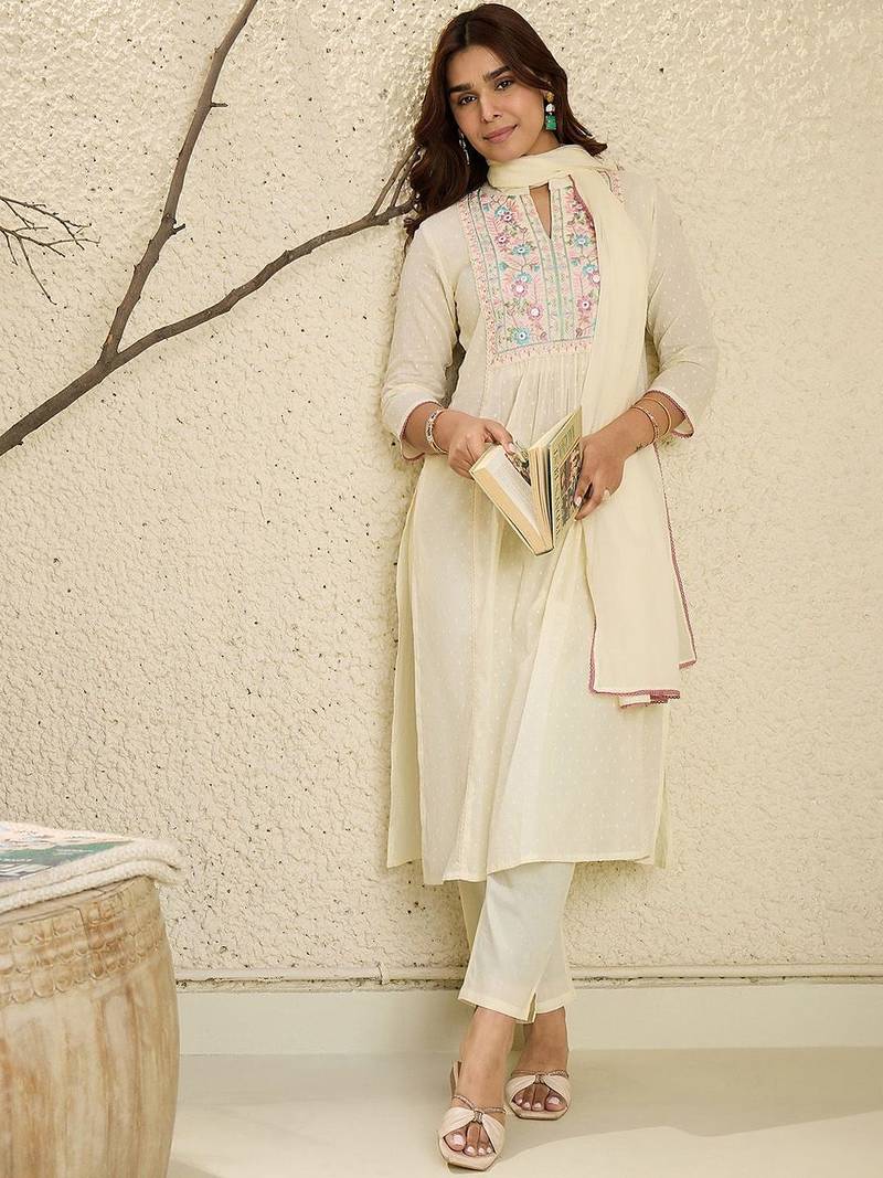 Floral Embroidered Mirror Work Pure Cotton Kurta With Trousers & Dupatta
