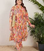 Plus Size Paisley Printed Panelled Pure Cotton Kurta with Trousers