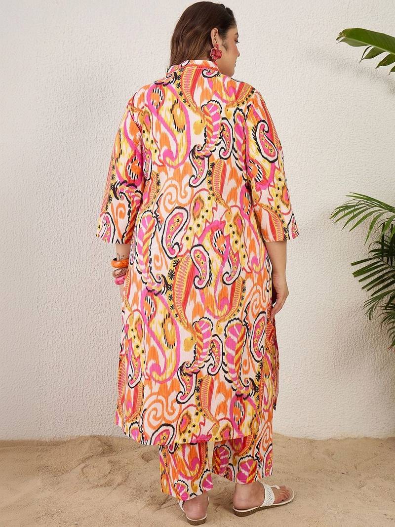 Plus Size Paisley Printed Panelled Pure Cotton Kurta with Trousers