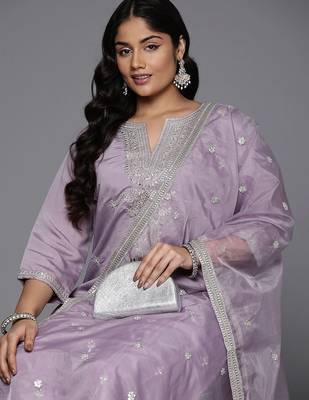 Plus Size Lavender Embroidered Straight Kurta Trousers With Dupatta Set 1