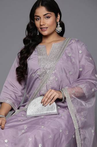 Plus Size Lavender Embroidered Straight Kurta Trousers With Dupatta Set