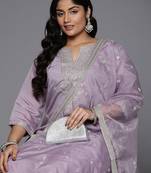 Plus Size Lavender Embroidered Straight Kurta Trousers With Dupatta Set