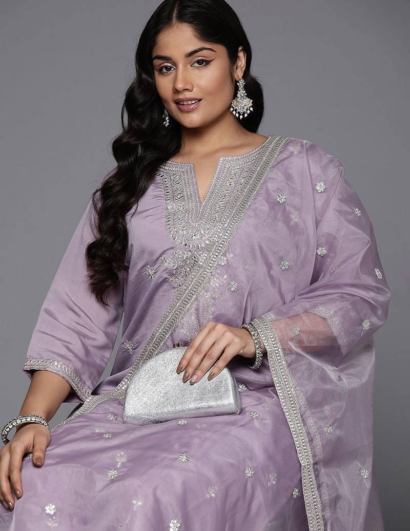 Plus Size Lavender Embroidered Straight Kurta Trousers With Dupatta Set