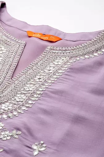 Plus Size Lavender Embroidered Straight Kurta Trousers With Dupatta Set