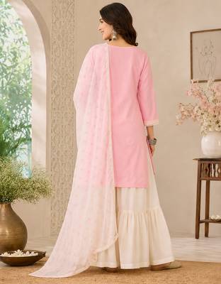 Peach embroidered cotton satin sharara salwar suit set with printed dupatta 4