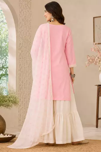Peach embroidered cotton satin sharara salwar suit set with printed dupatta