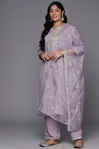 Plus Size Lavender Embroidered Straight Kurta Trousers With Dupatta Set