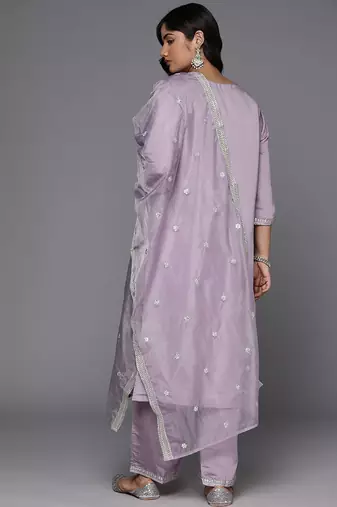 Plus Size Lavender Embroidered Straight Kurta Trousers With Dupatta Set