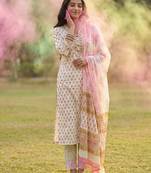 Floral Printed V-Neck Pure Cotton Straight Kurta with Trousers & With Dupatta