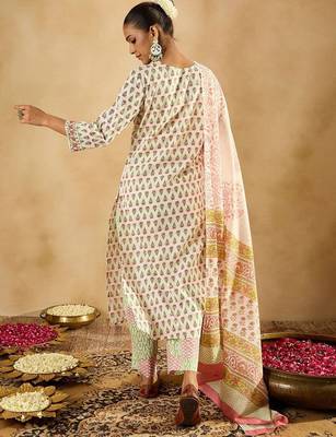Floral Printed V-Neck Pure Cotton Straight Kurta with Trousers & With Dupatta 7