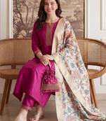 Women Floral Regular Thread Work Kurta with Trousers & With Dupatta