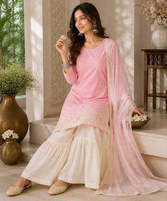 Peach embroidered cotton satin sharara salwar suit set with printed dupatta 5