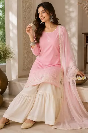 Peach embroidered cotton satin sharara salwar suit set with printed dupatta