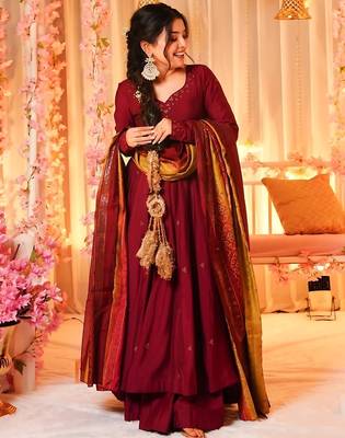 Liril printed & embroidered silk anarkali salwar suit set with silk dupatta 1