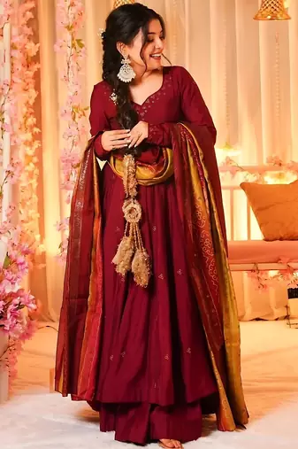 Liril printed & embroidered silk anarkali salwar suit set with silk dupatta