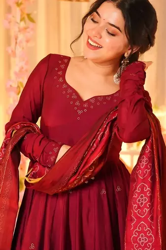 Liril printed & embroidered silk anarkali salwar suit set with silk dupatta