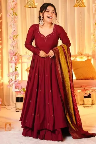Liril printed & embroidered silk anarkali salwar suit set with silk dupatta