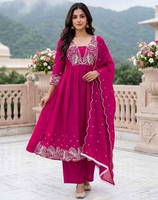 Rani embroidered vichitra silk flared salwar suit set with dupatta 1