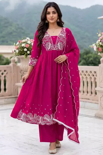 Rani embroidered vichitra silk flared salwar suit set with dupatta