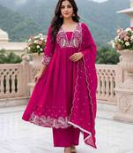 Rani embroidered vichitra silk flared salwar suit set with dupatta