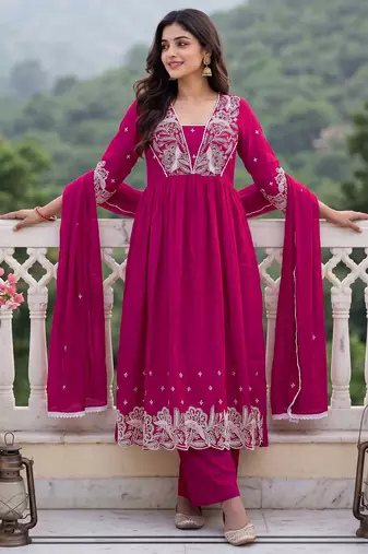 Rani embroidered vichitra silk flared salwar suit set with dupatta