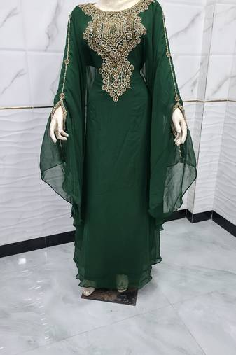 Emerald Green Moroccan Kaftan Dress with Luxurious Gold Embroidery & Flared Sleeves