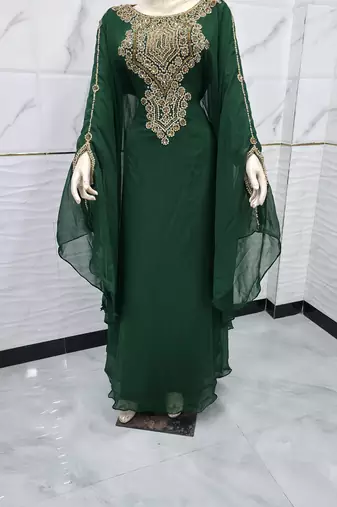 Emerald Green Moroccan Kaftan Dress with Luxurious Gold Embroidery & Flared Sleeves