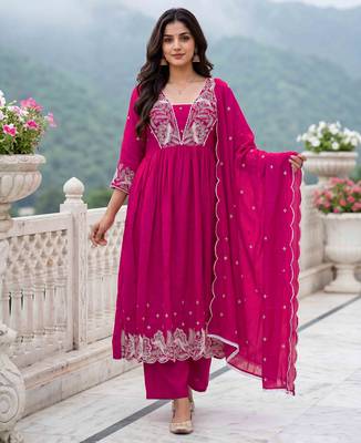 Rani embroidered vichitra silk flared salwar suit set with dupatta 3