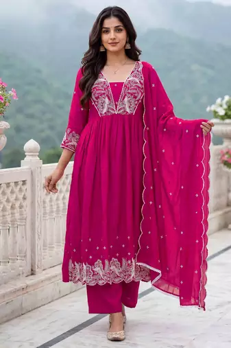 Rani embroidered vichitra silk flared salwar suit set with dupatta
