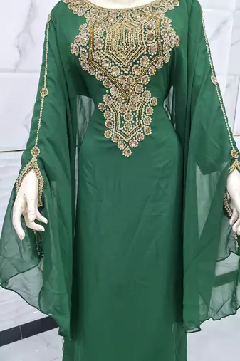 Emerald Green Moroccan Kaftan Dress with Luxurious Gold Embroidery & Flared Sleeves